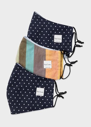 'Artist Stripe' And Navy Polka Dot Print Face Coverings Three Pack