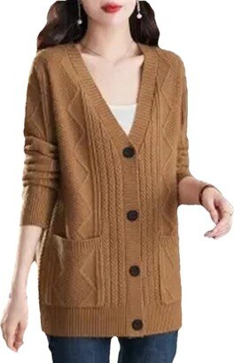 Hdhdeueh Women Single Breasted Knitted Cardigan Sweater Long Sleeve Pockets Knitwear Tops khaki9 XXL