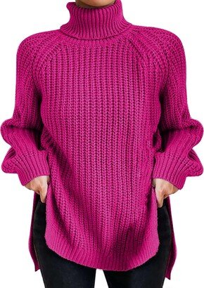 Generic Women's Fashion High Neck Solid Color Pullover Knit Sweater with Split Hem and Bell Sleeves Sweatshirt Plain (Hot Pink