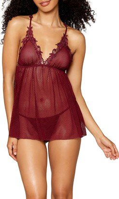 Lace Trim Mesh Babydoll Chemise & G-String Thong