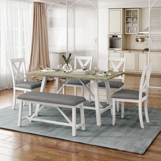 EDWINRAYLLC 6 Piece Dining Table Set Wood Dining Table and chair Kitchen Table Set with Bench and 4 Polyester Fabric Cushion Chairs
