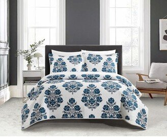 Chic Home Design Chic Home Morris 3 Piece Quilt Set Large Scale Floral Medallion Print Design Bedding King Blue