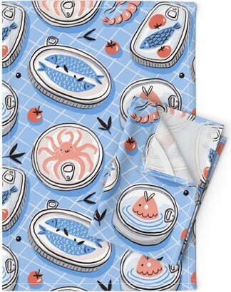 Canned Seafood Tea Towels | Set Of 2 - Sprat in Tomato Souse By Alenkakarabanova Blue Cute Fish Linen Cotton Spoonflower