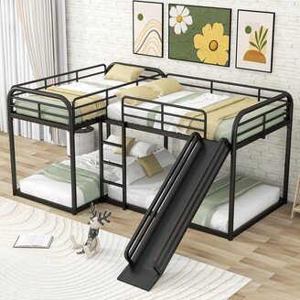 EDWINRAY Durable Metal Full & Twin Size L-Shaped Bunk Bed with Slide & Short Ladder for 4 Kids or Adults, No Box Spring Required, Black