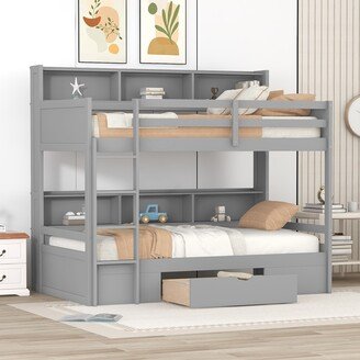 RASOO Pine Wood Bunk Bed with Built-in Shelves, Storage Drawer, and Full-Length Guardrails