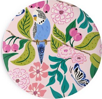 Salad Plates: Budgies And Butterflies - Pink And Green Salad Plate, Pink