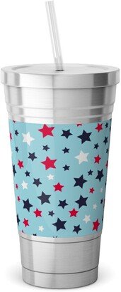 Travel Mugs: Scattered Stars - Blue Red And White Stainless Tumbler With Straw, 18Oz, Blue