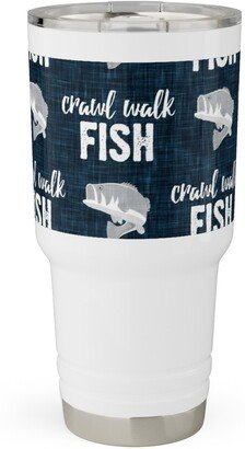 Travel Mugs: Crawl Walk Fish - Bass Fishing - Navy Blue And Grey Travel Tumbler, 30Oz, Blue