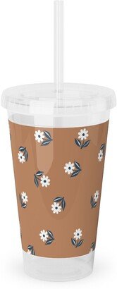 Travel Mugs: Romantic Boho Daisy Flowers - Scandinavian Print - Caramel Brown Blue Acrylic Tumbler With Straw, 16Oz, Orange