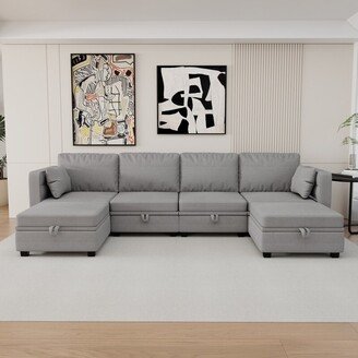 Sunmory 110.24 Modular Sectional Sofa Couch Linen Upholstered U-Shaped Sofa Couch, Reversible Chaise with Ottomans and Storage Seats