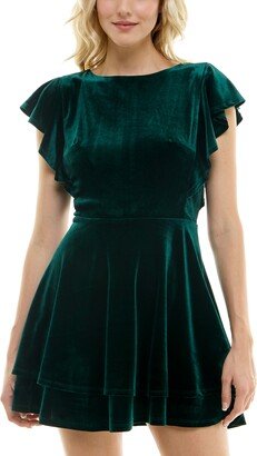 Juniors' Boat-Neck Flutter-Sleeve Velvet Dress