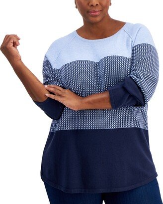 Plus Size Textured Colorblocked Cotton Sweater, Created for Macy's