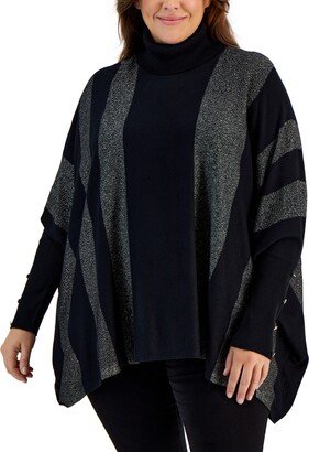 Plus Size Lurex-Striped Turtleneck Poncho Sweater, Created for Macy's