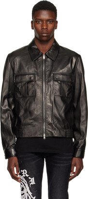 Black Embroidered Collar Leather Jacket