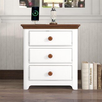 IGEMAN Wooden Nightstand with USB Charging Ports and Three Drawers