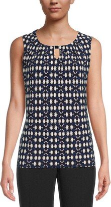 Petites Womens Printed Pleat-Neck Tank Top