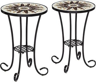 Teal Island Designs Rustic Black Round Outdoor Accent Side Tables 14 Wide Set of 2 Brown Mosaic Tabletop for Front Porch Patio Home House