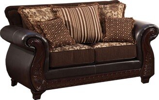 Fabric and Leatherette Loveseat with Rolled Arms in Dark Brown
