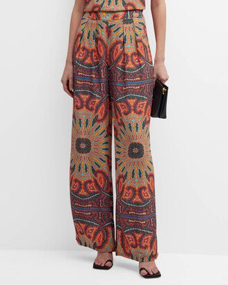 Charlotte Kaleidoscope-Print Pleated Wide-Leg Pants