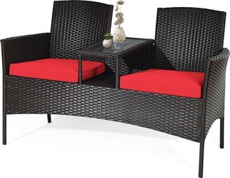 Patio Rattan Loveseat Sofa Cushioned Coffee Table