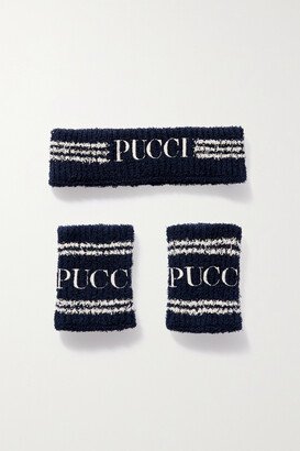 Embroidered Ribbed Cotton-blend Headband And Wristband Set - Blue