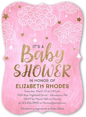 Baby Shower Invitations: Starlit Clouds Girl Baby Shower Invitation, Pink, 5X7, Pearl Shimmer Cardstock, Bracket