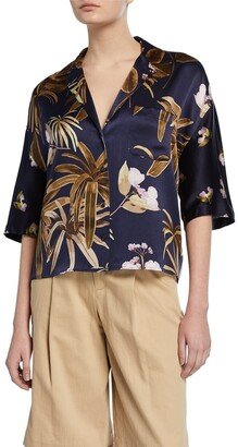 Mixed Tropical Garden Button-Front Satin PJ Shirt