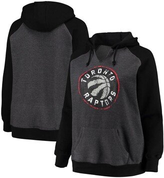 Women's Branded Heathered Charcoal and Black Toronto Raptors Plus Size Raglan Notch Neck Pullover Hoodie - Heathered Charcoal, Black