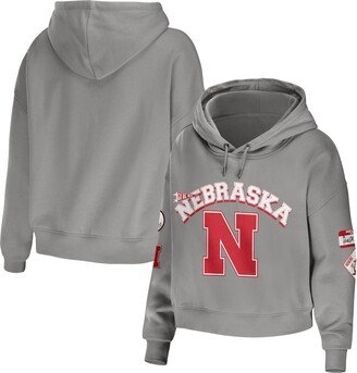 Women's Wear by Erin Andrews Gray Nebraska Huskers Mixed Media Cropped Pullover Hoodie