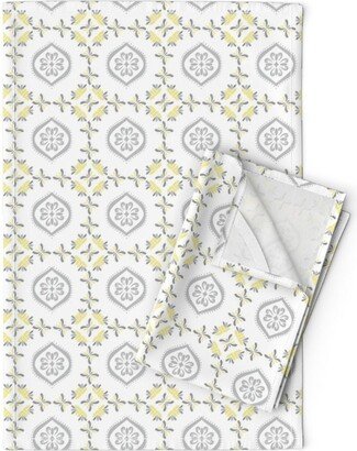 Gray & Yellow Tea Towels | Set Of 2 - Morning Light By Aliwilkinsondesigns Floral Tile Geometric Linen Cotton Spoonflower