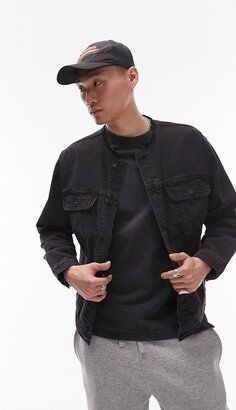 oversized collarless denim jacket in black