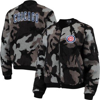 Women's The Wild Collective Black Chicago Cubs Camo Sherpa Full-Zip Bomber Jacket