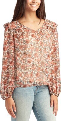 Juniors' Floral-Print Ruffle-Trim V-Neck Blouse