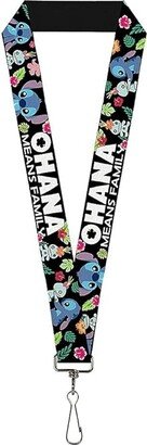 Buckle-Down Lanyard - OHANA MEANS FAMILY/Stitch Scrump Poses/Tropical Flora Black/White/Multi Color (Multicolor) Findings