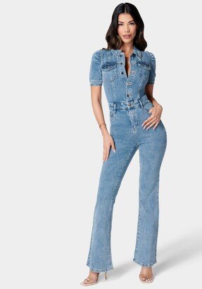 Puff Sleeve Button Front Wide Leg Denim Jumpsuit