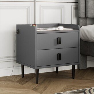 Modern Nightstand with Wireless Charging, USB Port and Adjustable LED Lights, End Table with 2 Drawers Gray