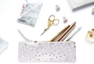 Leather Star Pencil Case, Print Pen Pouch, Celestial Cosmetic Bag, Grey Silver Zipper Pouch