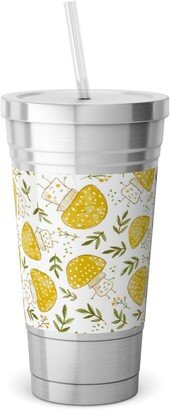 Travel Mugs: The Happiest Little Mushrooms - Yellow Stainless Tumbler With Straw, 18Oz, Yellow