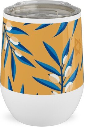 Travel Mugs: Olive Branches Hanukkah - Blue On Yellow Stainless Steel Travel Tumbler, 12Oz, Yellow