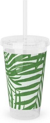 Travel Mugs: Watercolor Fronds - Green Acrylic Tumbler With Straw, 16Oz, Green