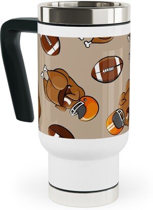 Travel Mugs: Football Turkey With Helmet And Football - Orange On Tan Travel Mug With Handle, 17Oz, Beige