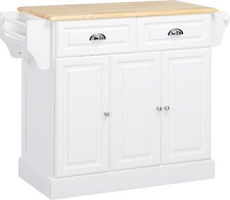 HOMCOM Kitchen Island with Storage Rolling Kitchen Serving Cart with Rubber Wood Top Towel Rack Storage Drawer and Cabinet White