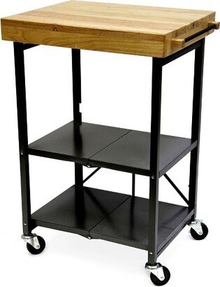 Origami Foldable Wheeled Portable Steel Frame/Solid Wood Top Kitchen Island Bar Cart with Open Shelving and Built In Towel Rack, Black