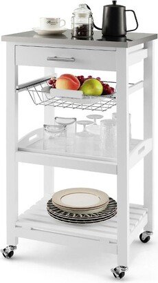 Compact Kitchen Island Cart Rolling Service Trolley with Stainless Steel Top Basket