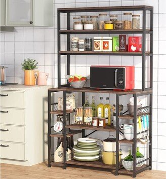 Farfarview 5 Tiers Kitchen Bakers Rack with Hutch, Microwave Oven Stand, Wood Coffee Bar Table with Shelves