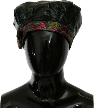 Black Lamb Leather Floral Print Beret Women's Hat