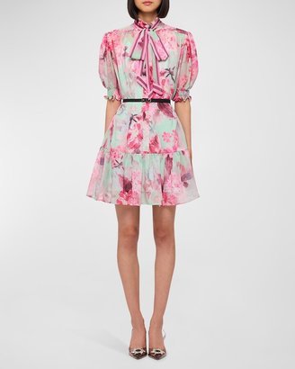 LEO LIN Agnes Tie-Neck Floral-Print Mini Dress