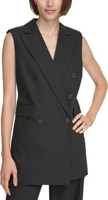 Petite Pinstripe Double-Breasted Vest - Black/Cream