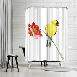 71 x 74 Shower Curtain, Goldfinch And Red Flower 1 by Suren Nersisyan