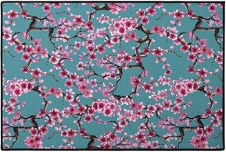 Door Mats: Sakura - Pink On Turquoise Door Mat, Blue